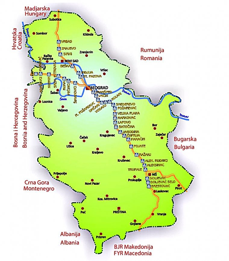 Harta staţiilor de taxare de pe autostrăzile din Serbia.